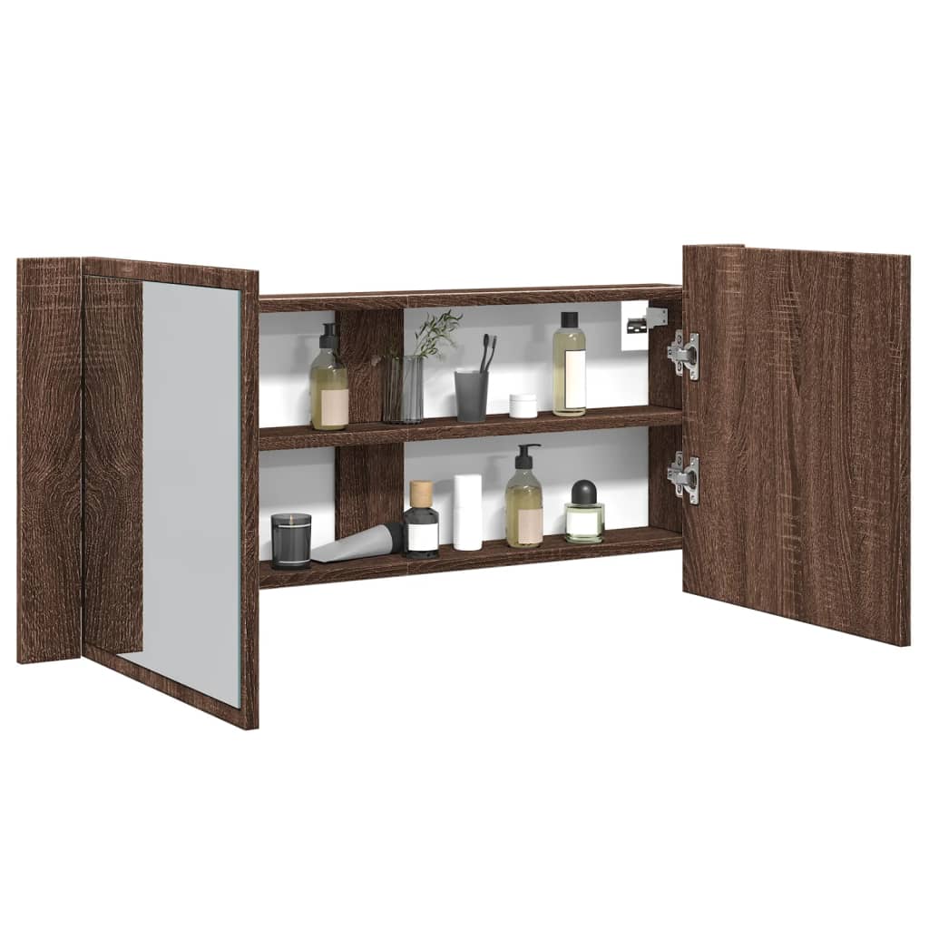 vidaXL LED kúpeľňová zrkadlová skrinka hnedý dub 100x12x45 cm