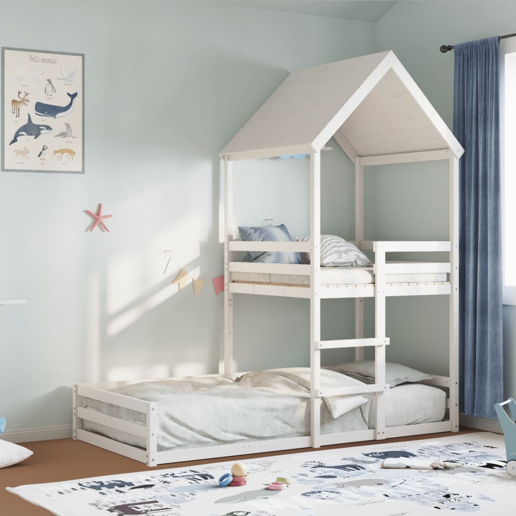 vidaXL Poschodová posteľ so strechou biela 90x200 cm borovicový masív