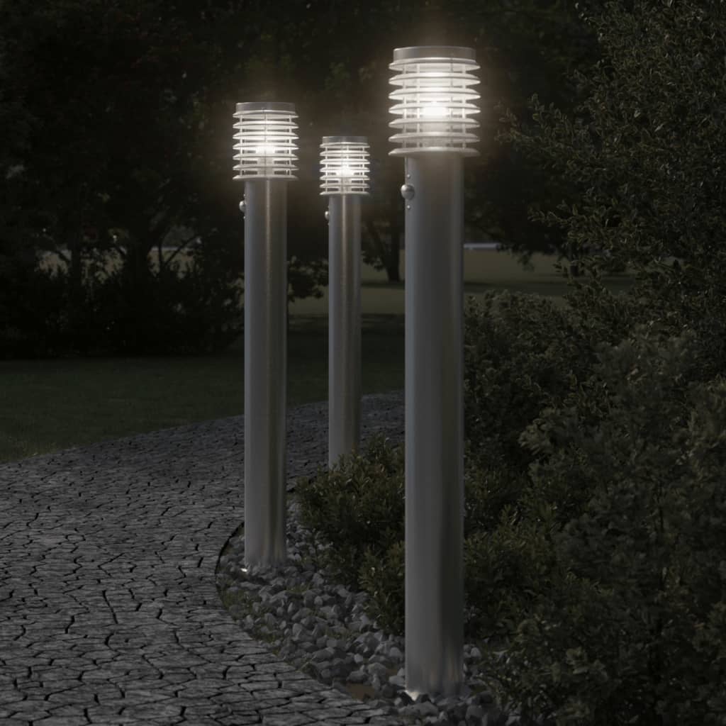 vidaXL Vonkajšie stojace lampy senzor 3 ks strieborné 110cm nehr. oceľ