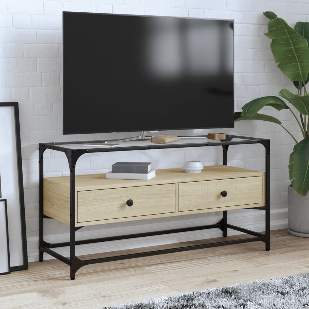 vidaXL TV skrinka sklenená doska dub sonoma 98x35x51 cm kompoz. drevo