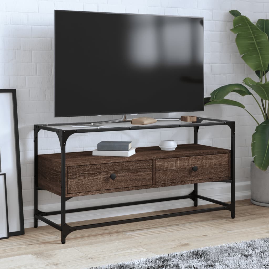 vidaXL TV skrinka sklenená doska hnedý dub 98x35x51 cm kompozit. drevo