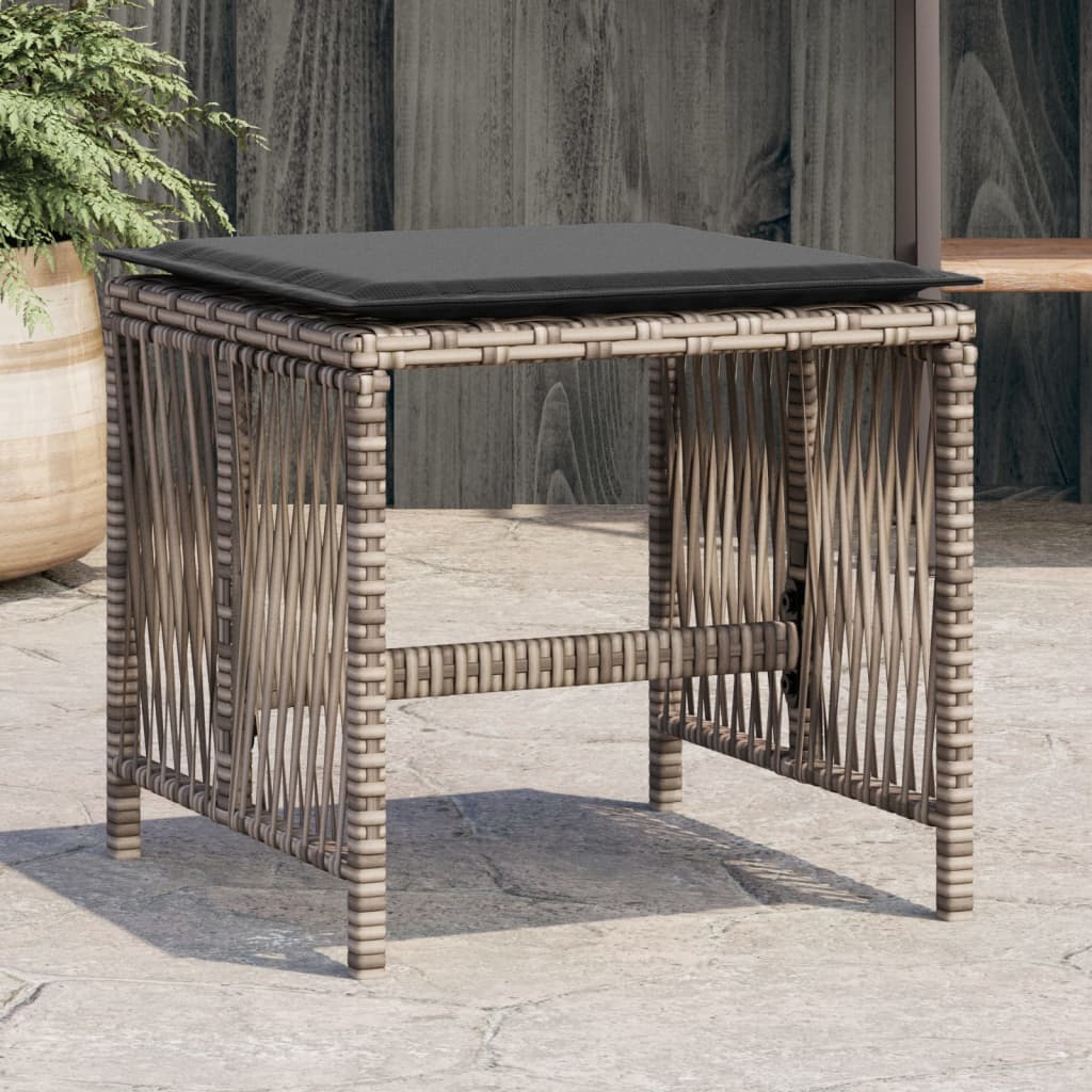 vidaXL Záhradné taburetky s vankúšmi 4 ks sivé 41x41x36 cm polyratan