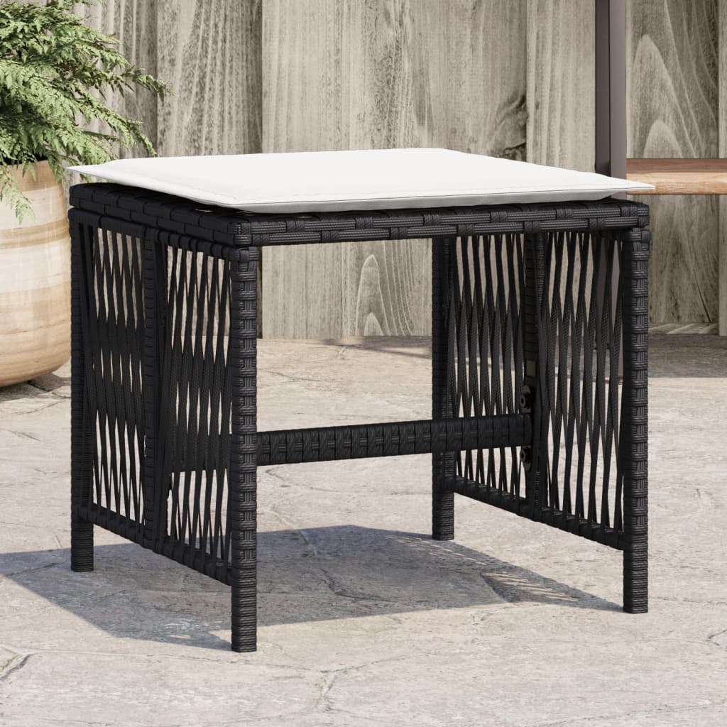 vidaXL Záhradné taburetky s vankúšmi 4 ks čierne 41x41x36 cm polyratan