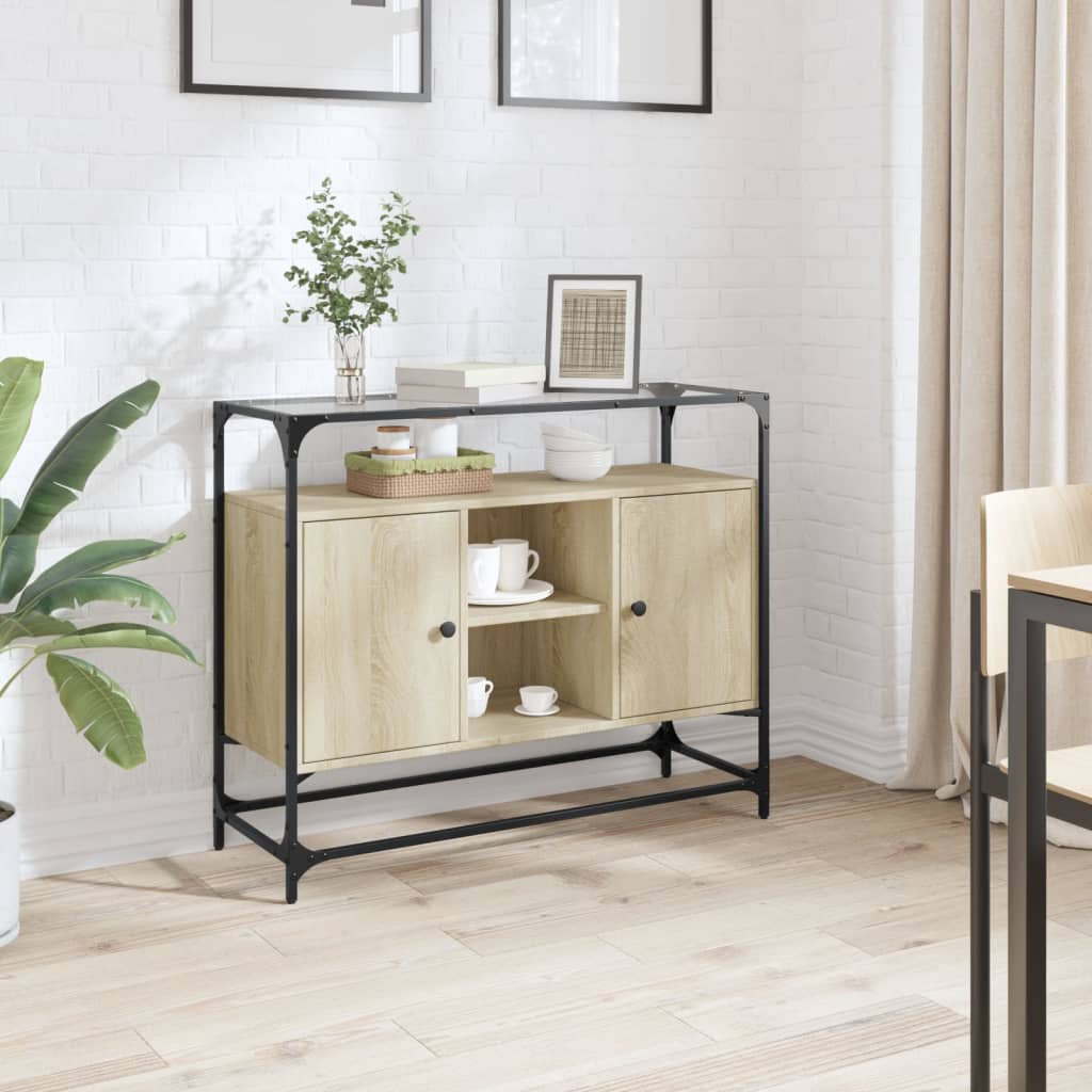 vidaXL Komoda sklenená doska dub sonoma 98x35x81 cm kompozitné drevo