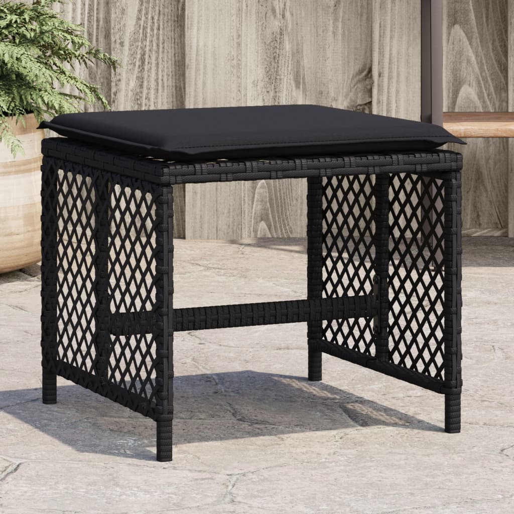 vidaXL Záhradné taburetky s vankúšmi 4 ks čierne 41x41x36 cm polyratan