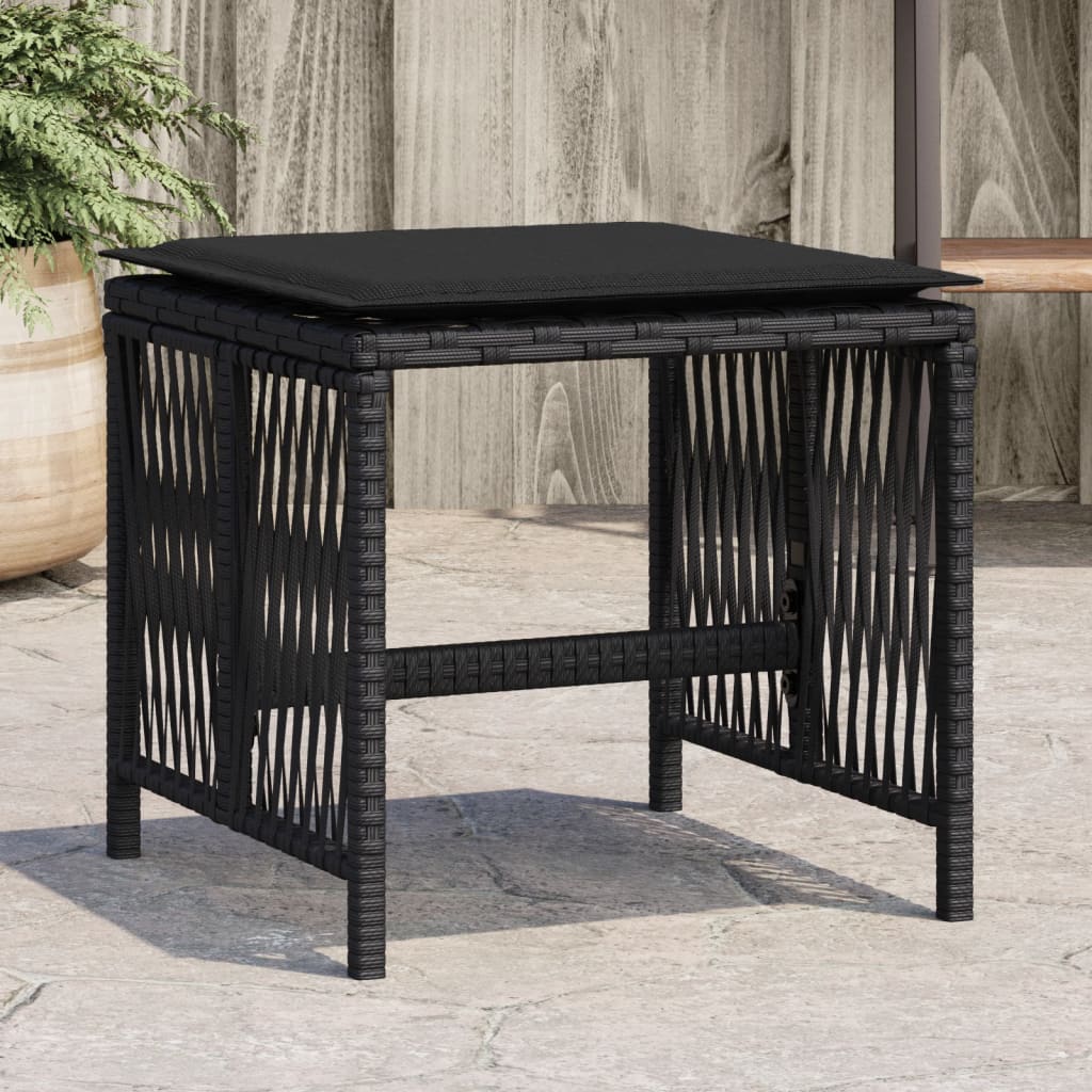 vidaXL Záhradné taburetky s vankúšmi 4 ks čierne 41x41x36 cm polyratan