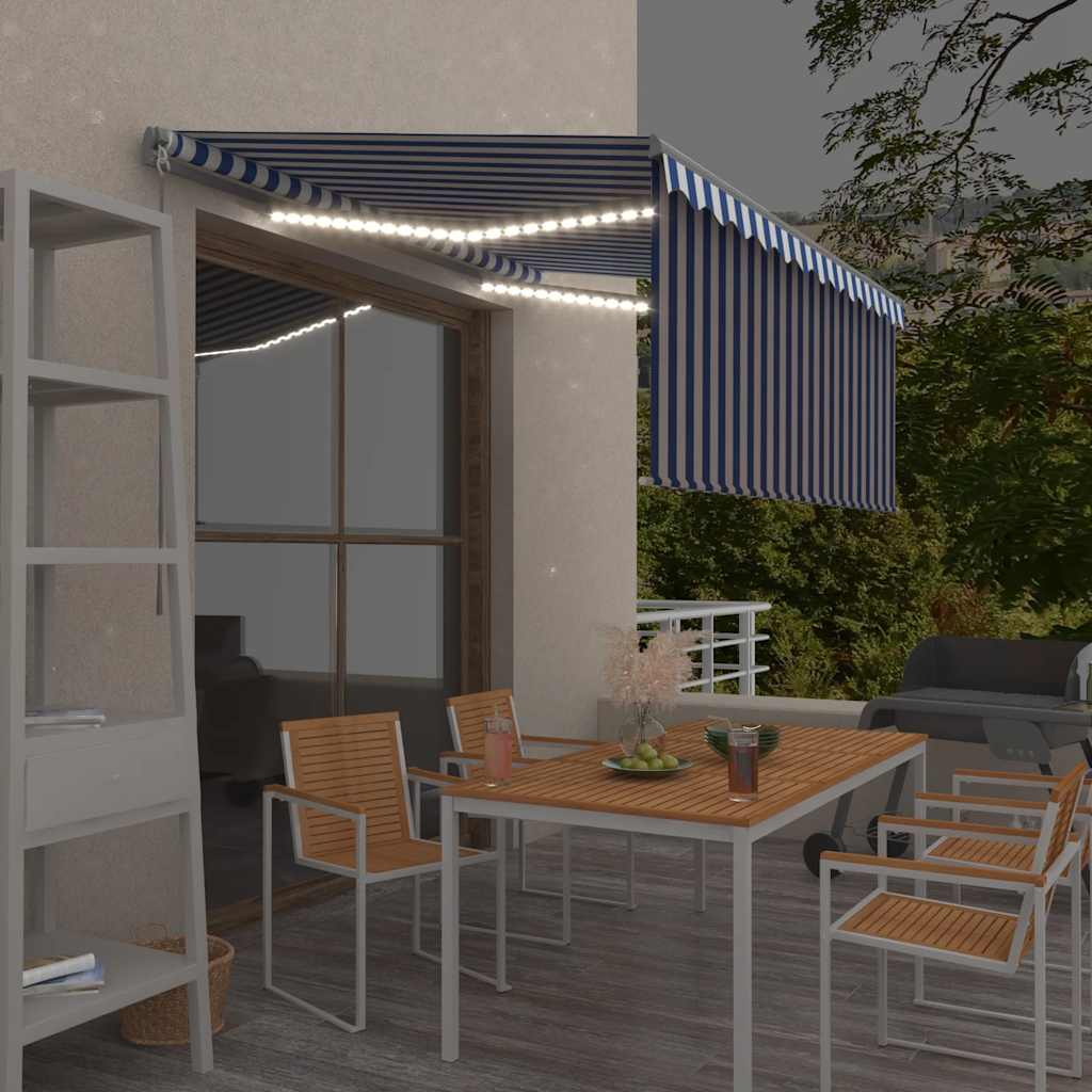 vidaXL Ručne zaťahovacia markíza s tienidlom a LED 3x2,5 m modro-biela