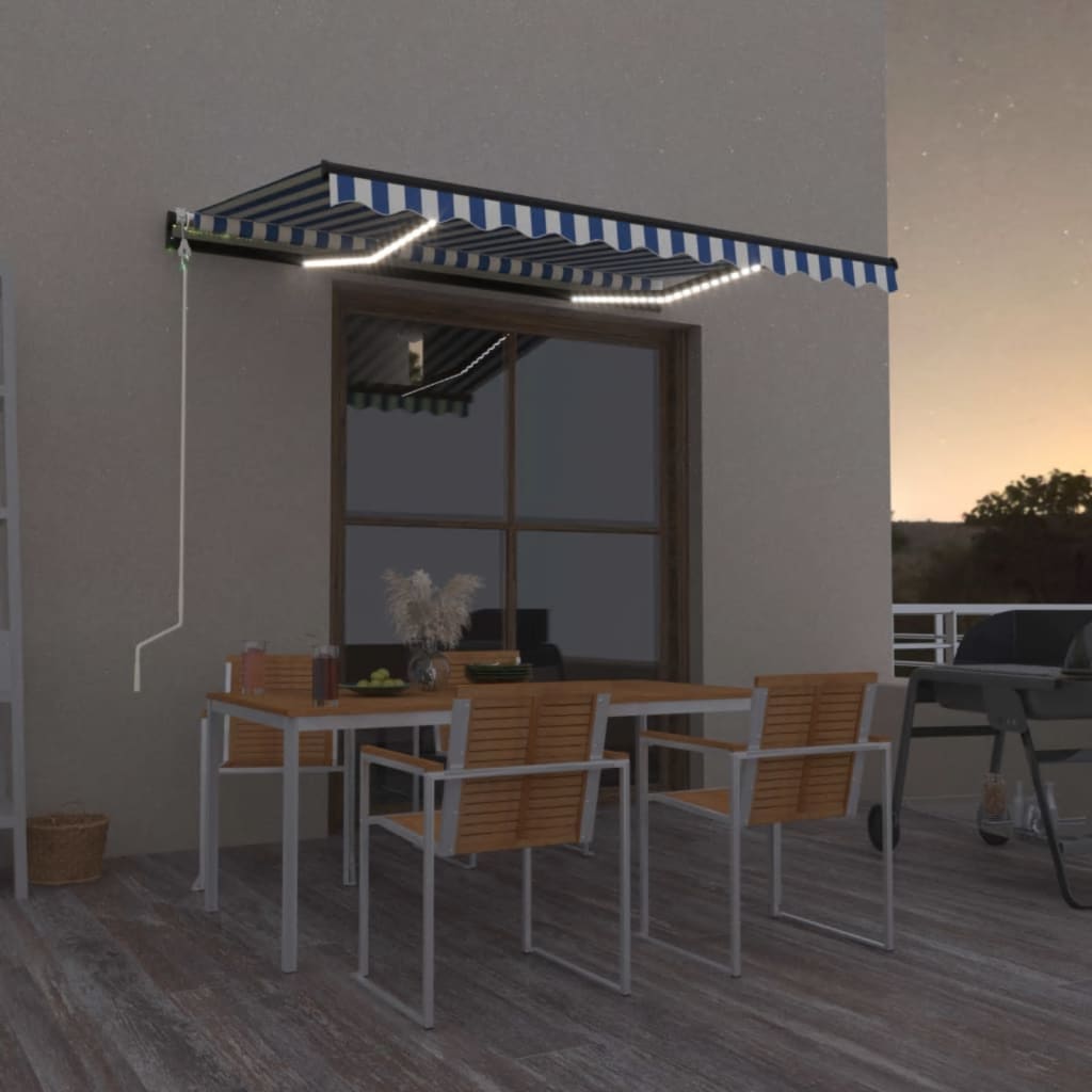 vidaXL Automatická markíza, LED a senzor vetra 400x300 cm, modrá/biela