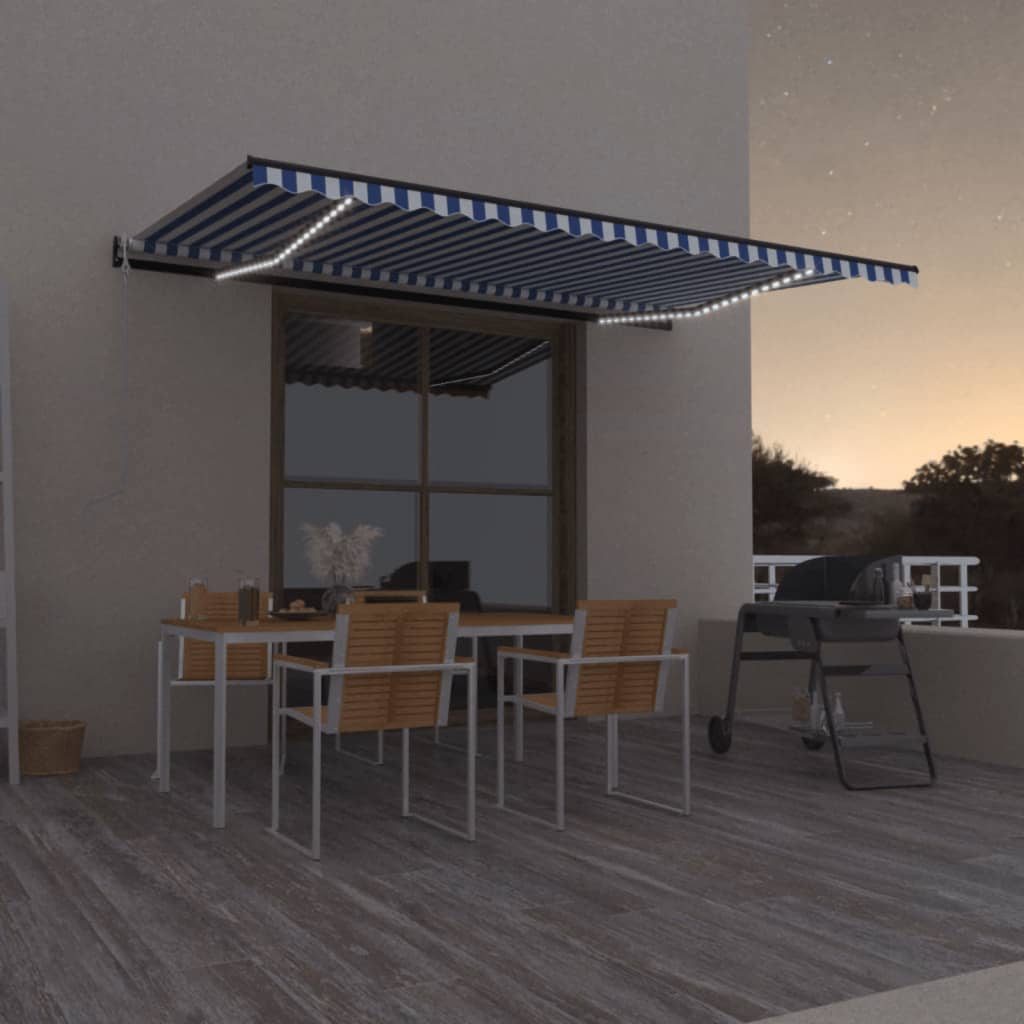 vidaXL Automatická markíza, LED a senzor vetra 500x300 cm, modrá/biela