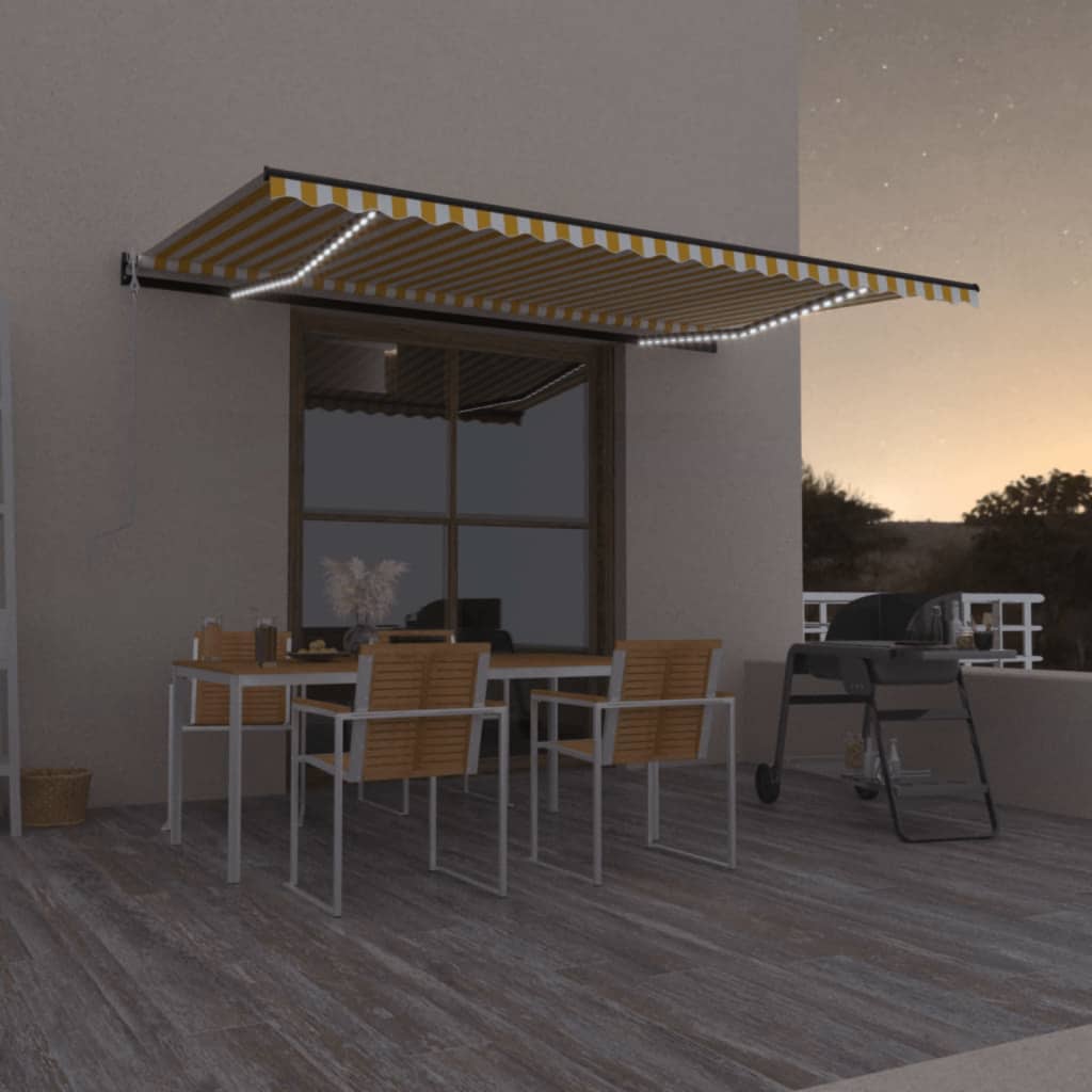 vidaXL Automatická markíza, LED a senzor vetra 500x300 cm, žltá/biela