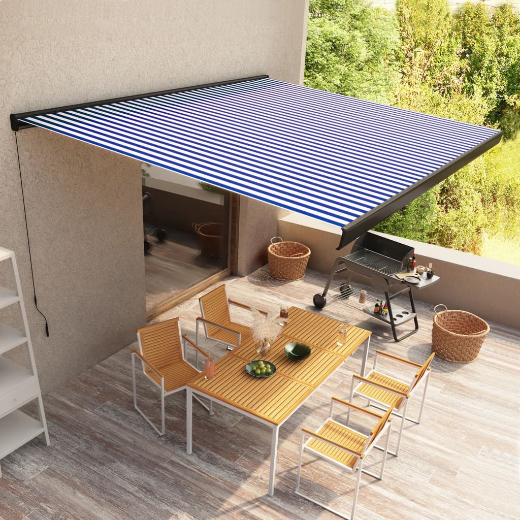 vidaXL Ručne zaťahovacia kazetová markíza modro-biela 400x300 cm