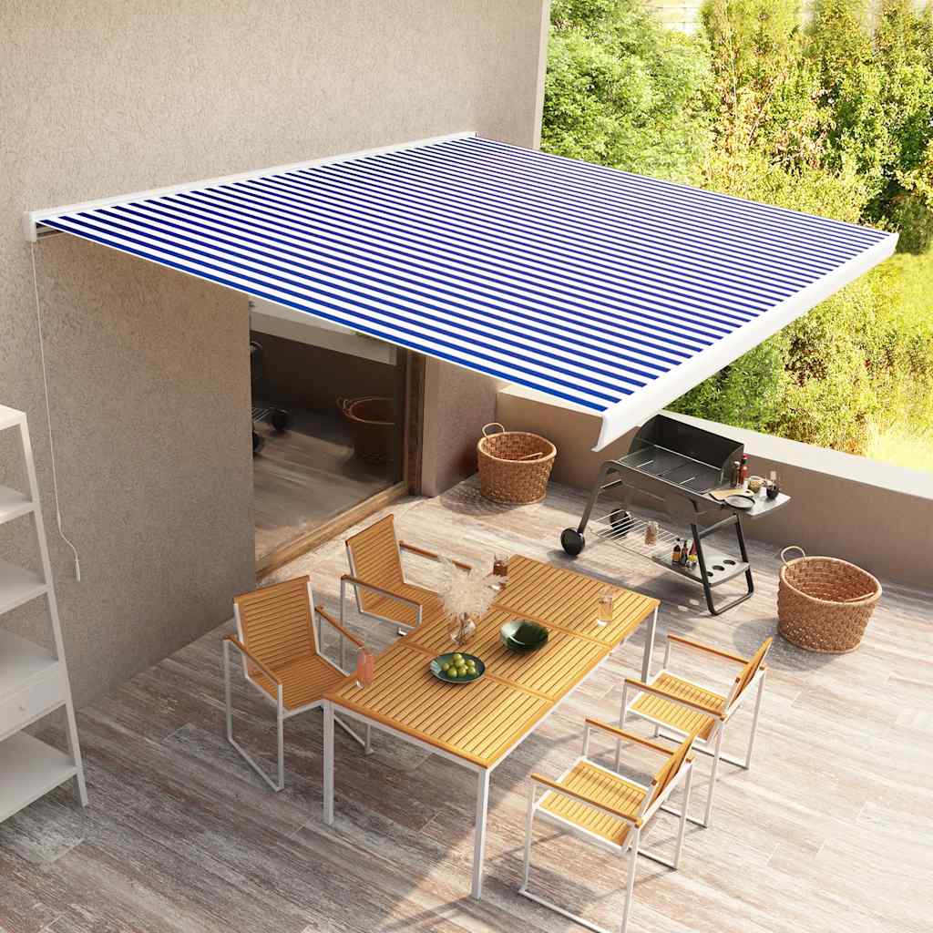 vidaXL Ručne zaťahovacia kazetová markíza modro-biela 400x300 cm