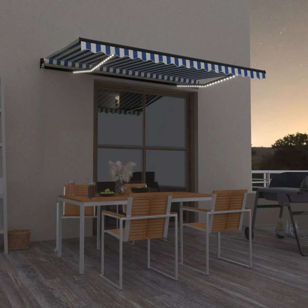 vidaXL Ručne zaťahovacia markíza s LED 450x300 cm modrá a biela