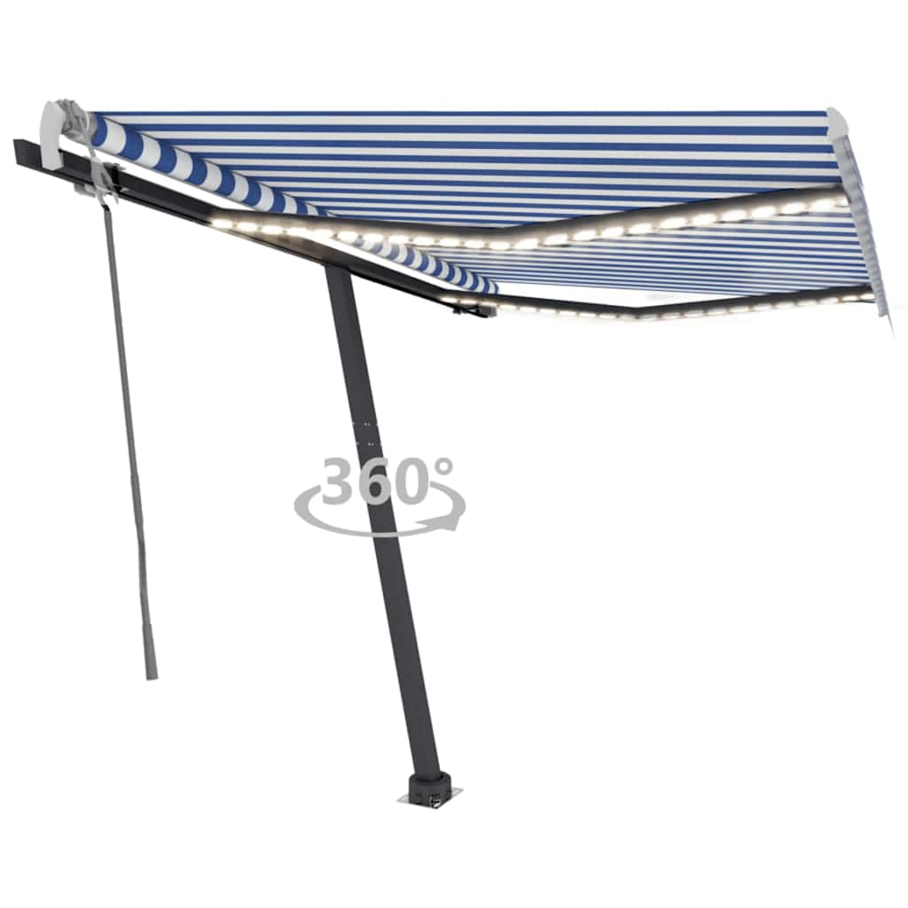 vidaXL Ručná zaťahovacia markíza s LED 300x250 cm modro-biela