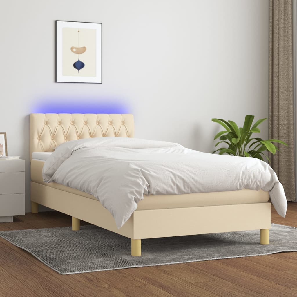 vidaXL Posteľ boxsping s matracom a LED krémová 100x200 cm látka