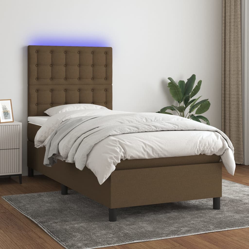 vidaXL Posteľ boxsping s matracom a LED tmavohnedá 90x200 cm látka