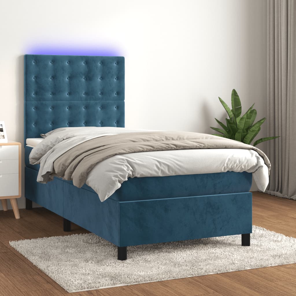 vidaXL Posteľný rám boxsping matrac a LED tmavomodrý 90x190 cm zamat