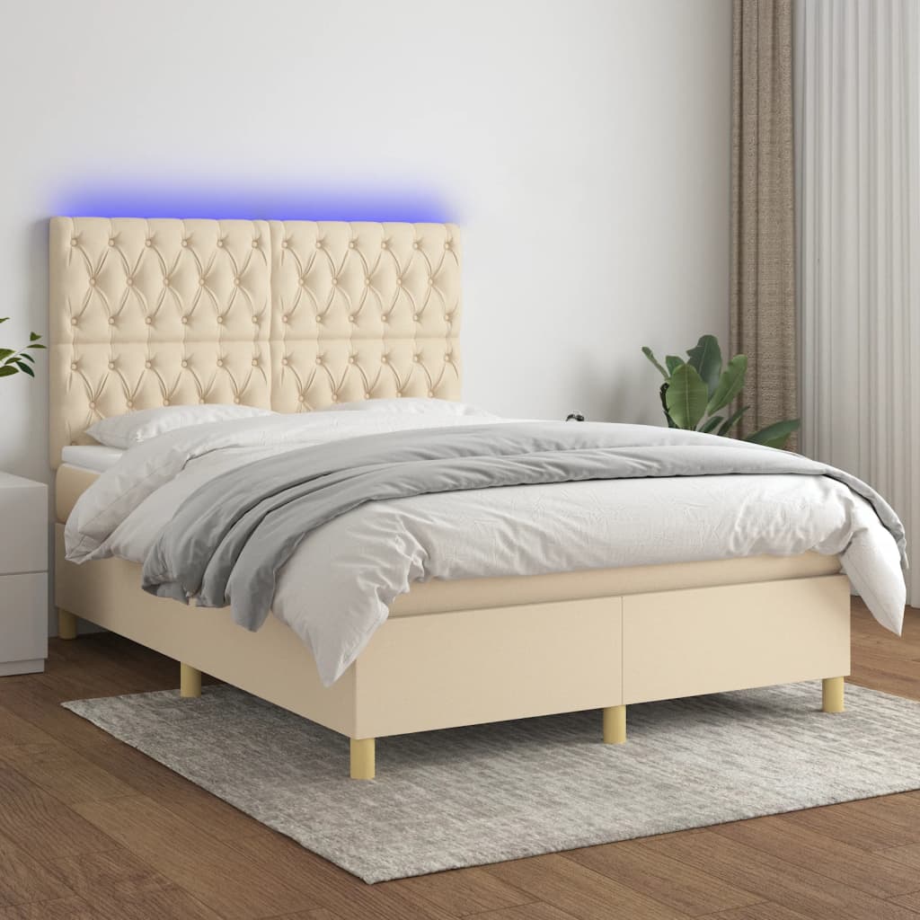 vidaXL Posteľ boxsping s matracom a LED krémová 140x200 cm látka