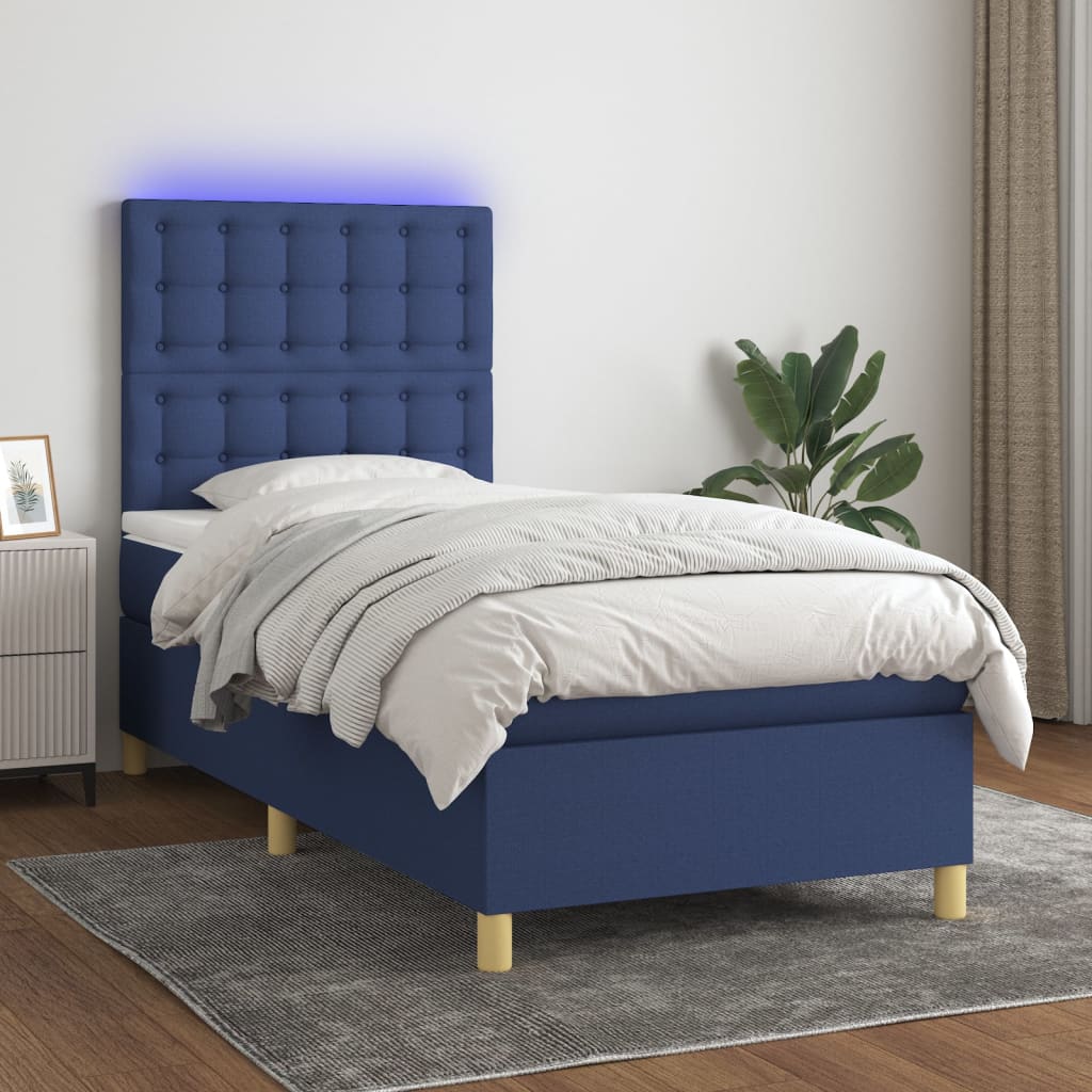 vidaXL Posteľ boxsping s matracom a LED modrá 90x200 cm látka