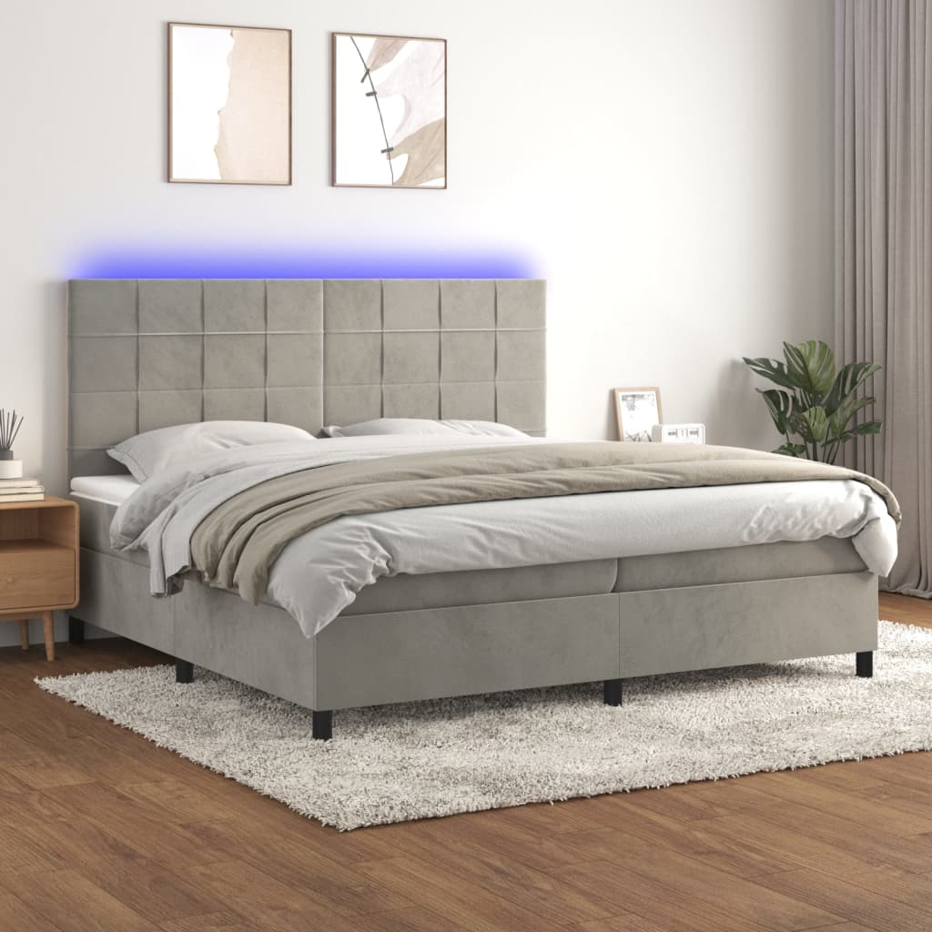 vidaXL Posteľ boxsping s matracom a LED bledosivá 200x200 cm zamat