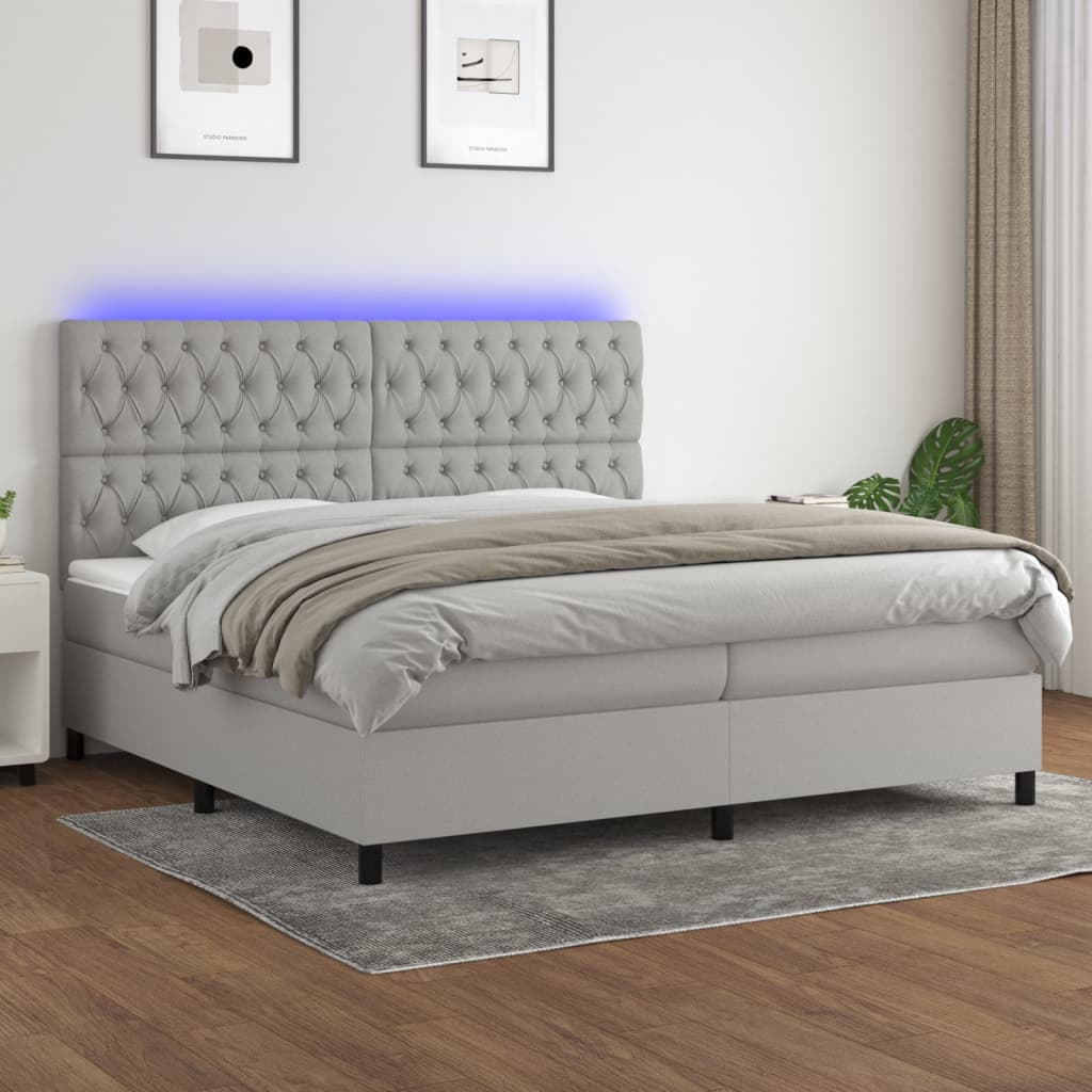 vidaXL Posteľ boxsping s matracom a LED bledosivá 200x200 cm látka