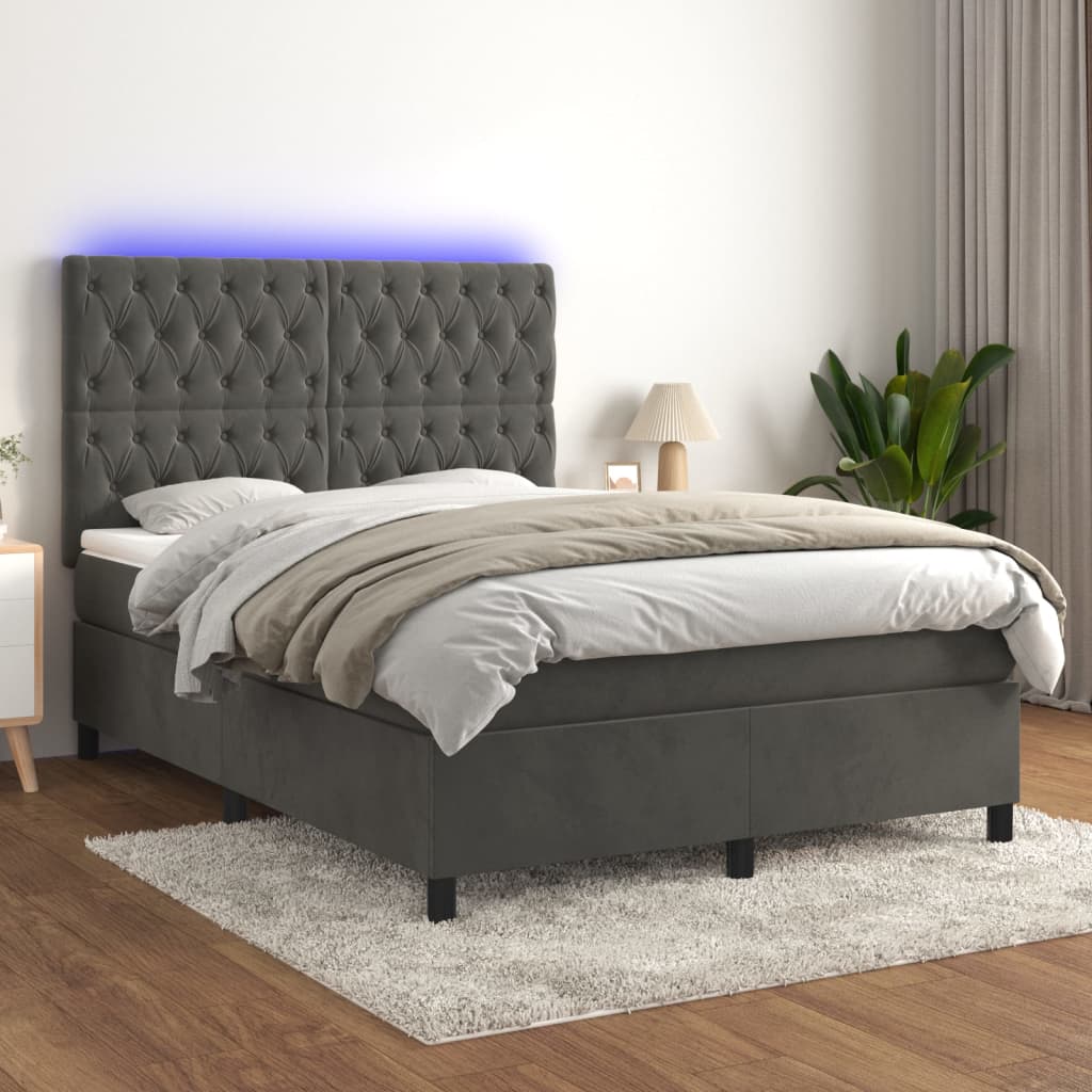 vidaXL Posteľ boxsping s matracom a LED tmavosivá 140x200 cm zamat