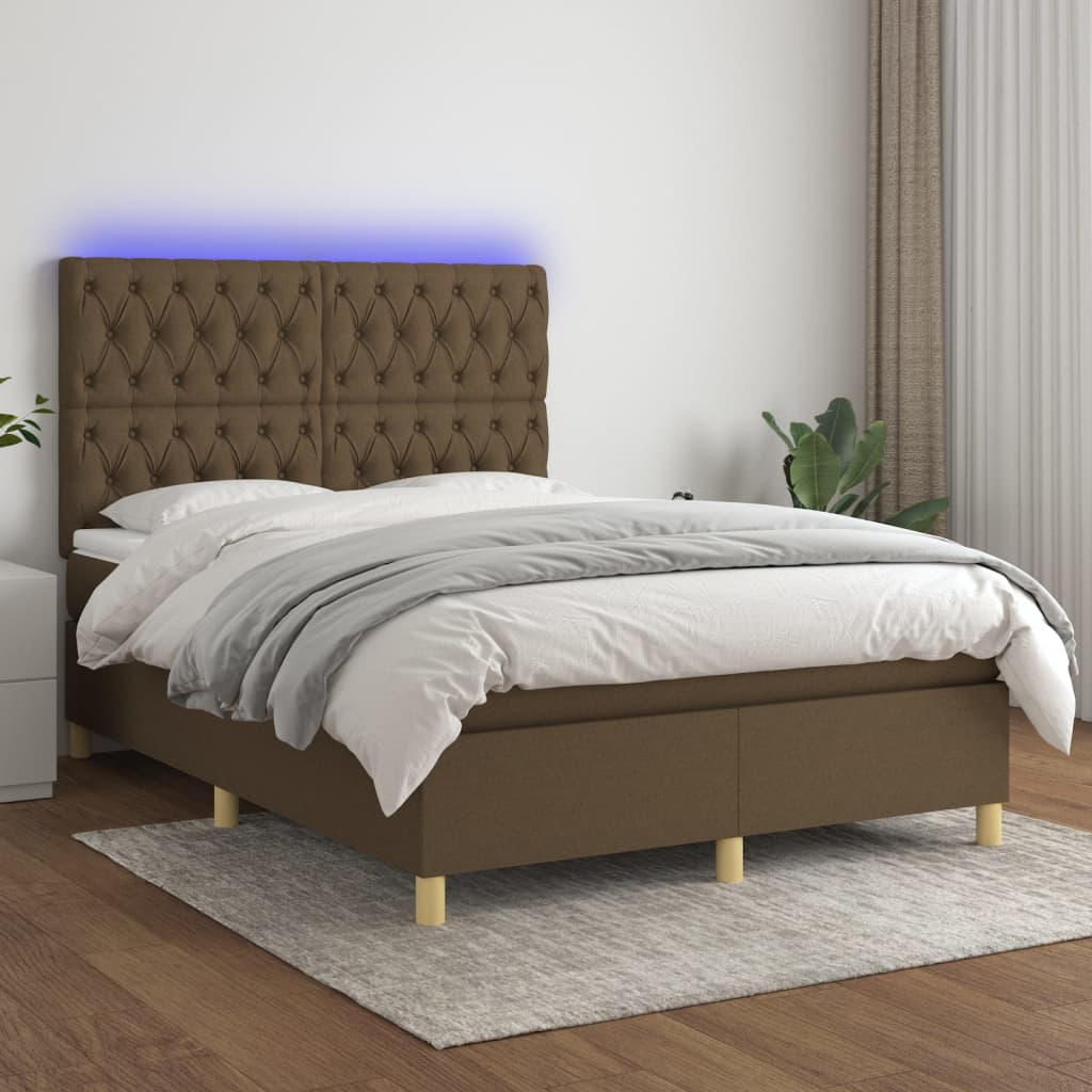 vidaXL Posteľ boxsping s matracom a LED tmavohnedá 140x190 cm látka