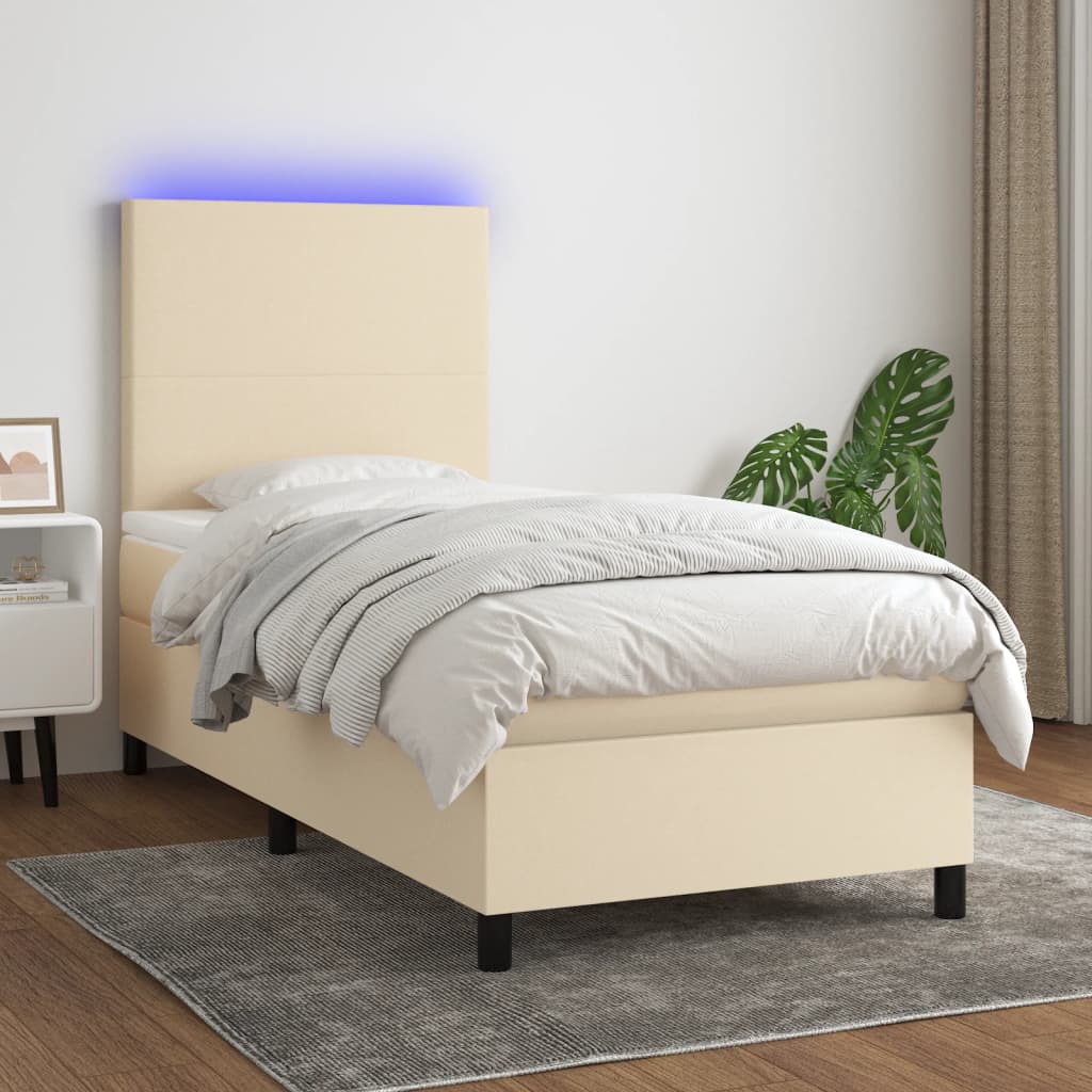 vidaXL Posteľ boxsping s matracom a LED krémová 100x200 cm látka