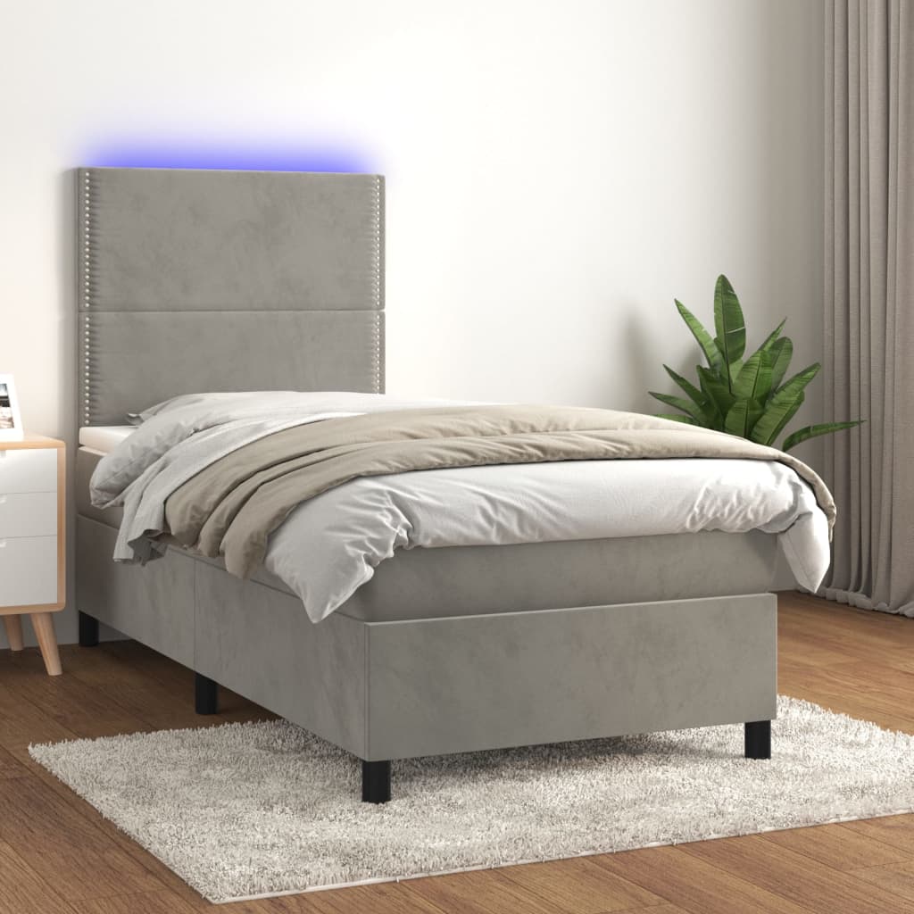 vidaXL Posteľ boxsping s matracom a LED bledosivá 90x200 cm zamat