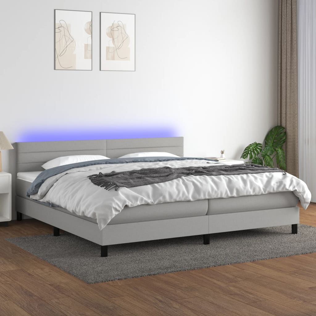 vidaXL Posteľ boxsping s matracom a LED bledosivá 200x200 cm látka