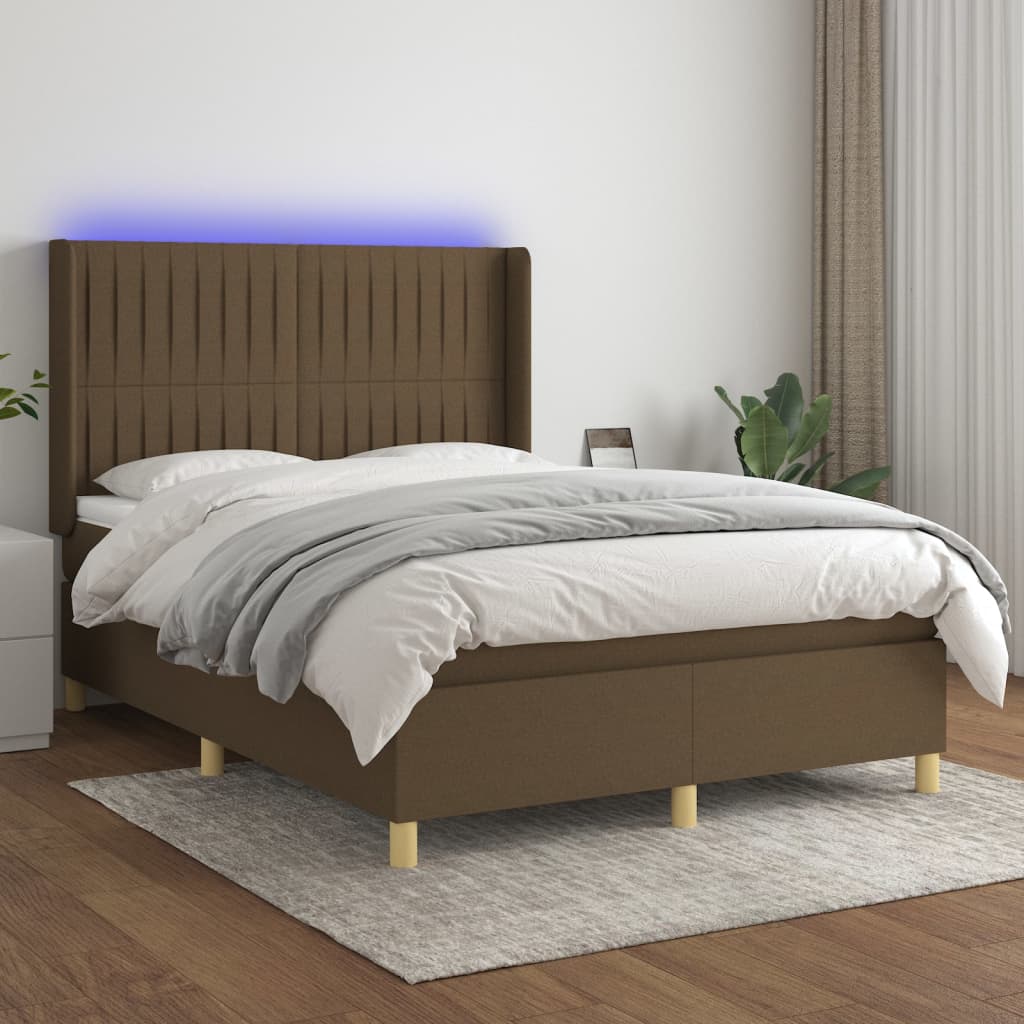 vidaXL Posteľ boxsping s matracom a LED tmavohnedá 140x190 cm látka