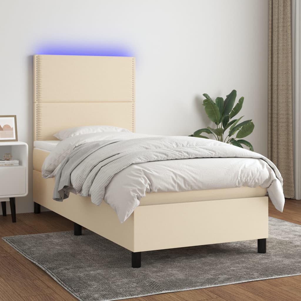 vidaXL Posteľ boxsping s matracom a LED krémová 100x200 cm látka