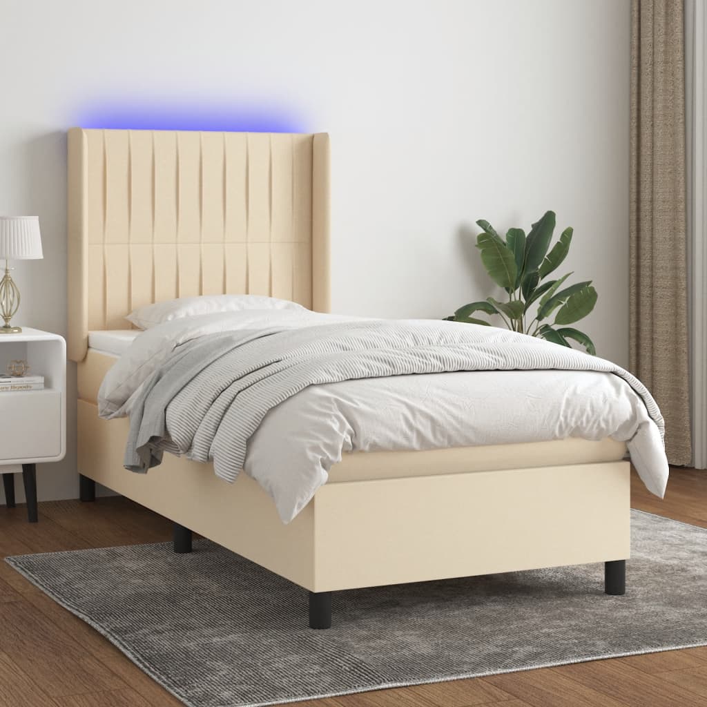 vidaXL Posteľ boxsping s matracom a LED krémová 90x200 cm látka