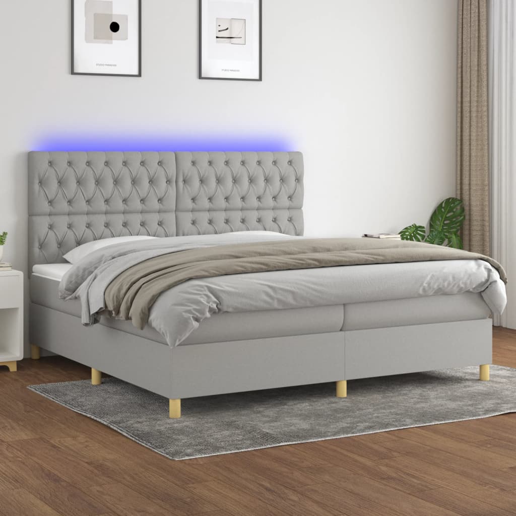 vidaXL Posteľ boxsping s matracom a LED bledosivá 200x200 cm látka