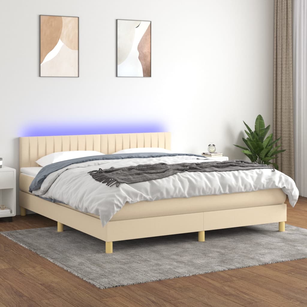 vidaXL Posteľ boxsping s matracom a LED krémová 180x200 cm látka