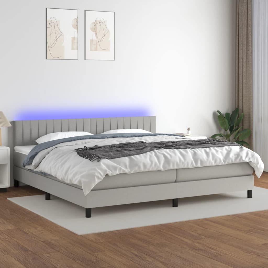 vidaXL Posteľ boxsping s matracom a LED bledosivá 200x200 cm látka
