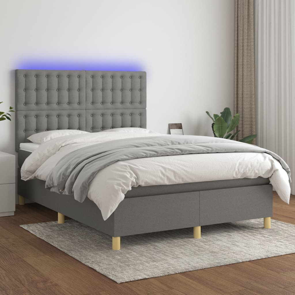 vidaXL Posteľ boxsping s matracom a LED tmavosivá 140x200 cm látka