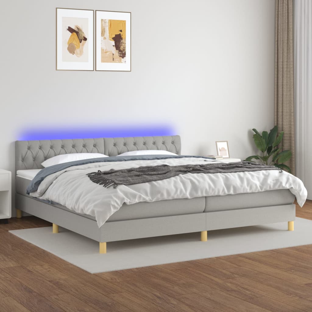 vidaXL Posteľ boxsping s matracom a LED bledosivá 200x200 cm látka