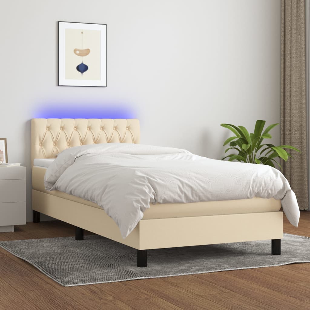 vidaXL Posteľ boxsping s matracom a LED krémová 100x200 cm látka