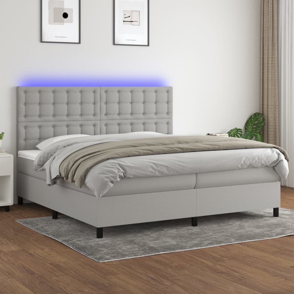 vidaXL Posteľ boxsping s matracom a LED bledosivá 200x200 cm látka