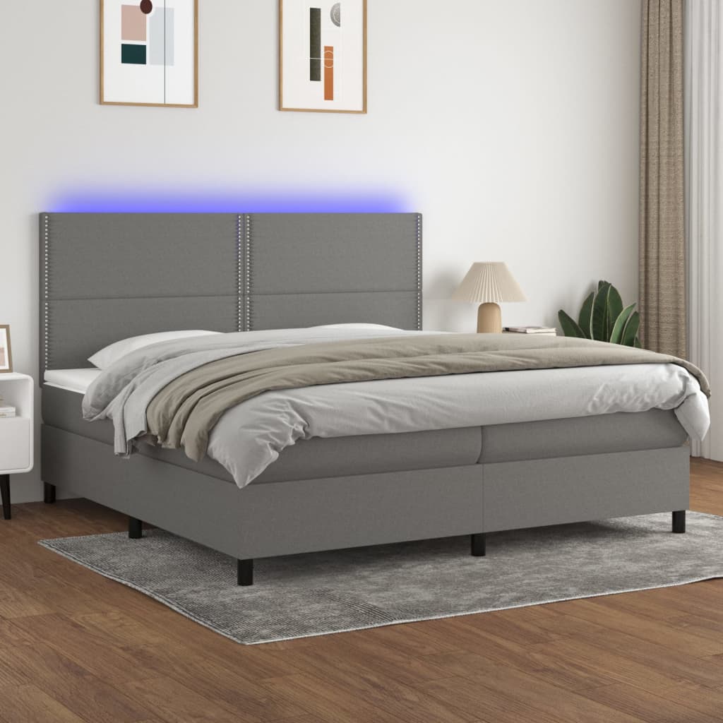 vidaXL Posteľ boxsping s matracom a LED tmavosivá 200x200 cm látka