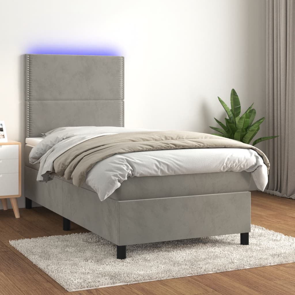 vidaXL Posteľ boxsping s matracom a LED bledosivá 90x190 cm zamat