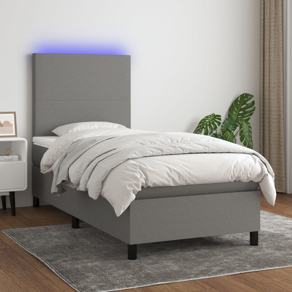 vidaXL Posteľ boxsping s matracom a LED tmavosivá 100x200 cm látka