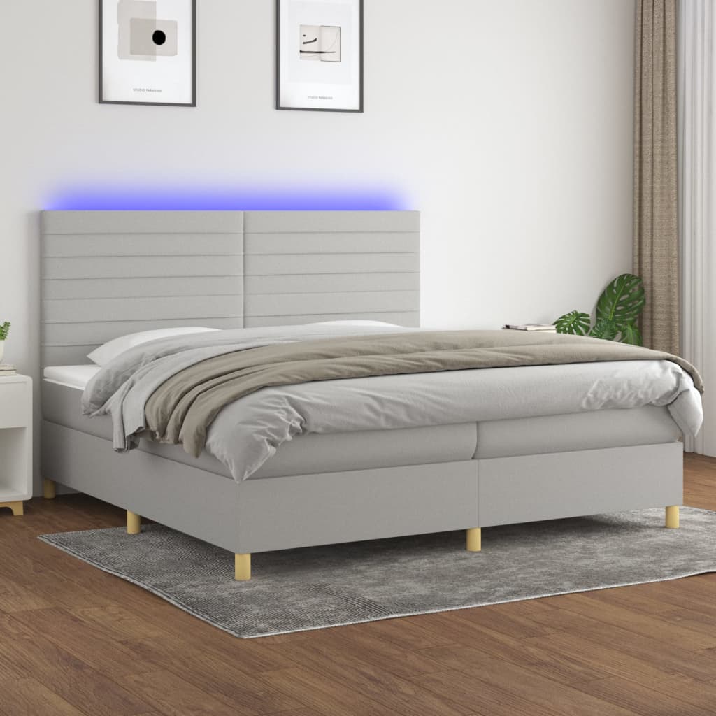 vidaXL Posteľ boxsping s matracom a LED bledosivá 200x200 cm látka