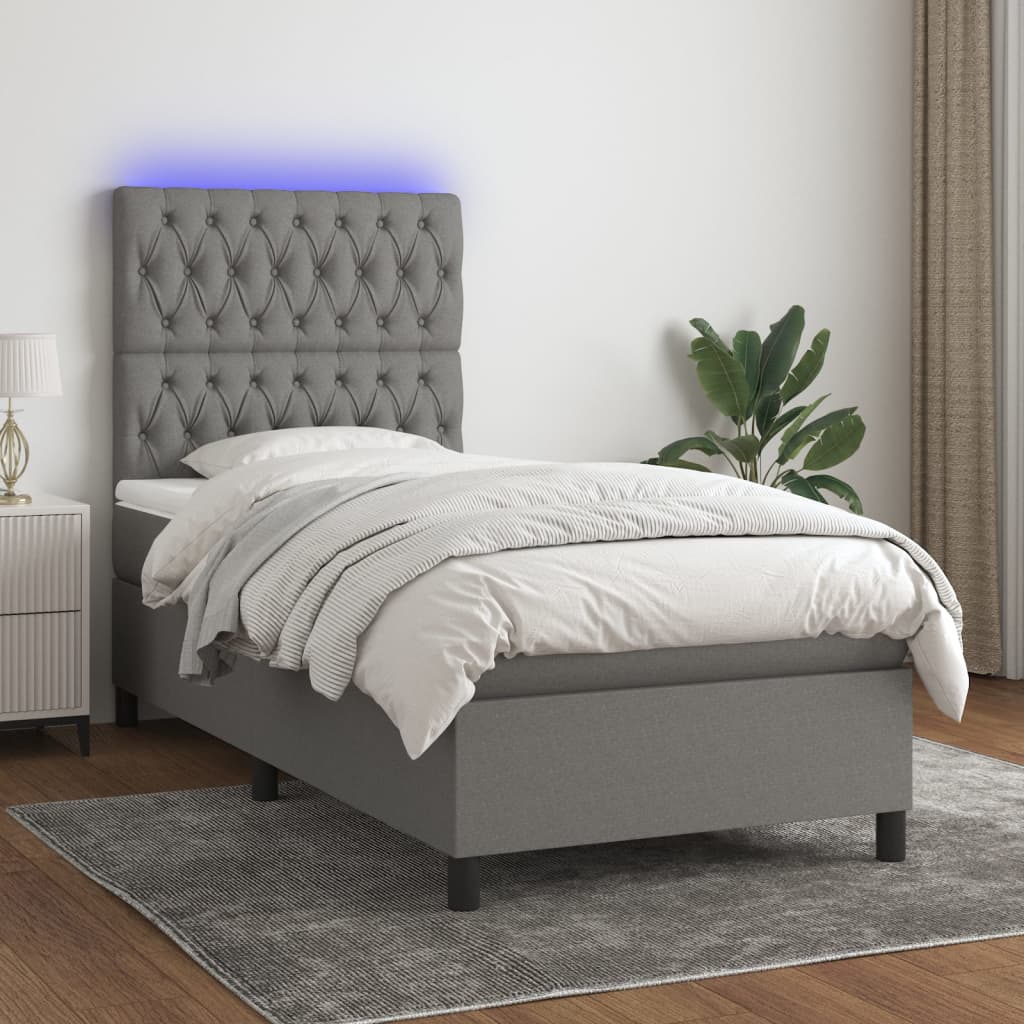 vidaXL Posteľ boxsping s matracom a LED tmavosivá 90x200 cm látka