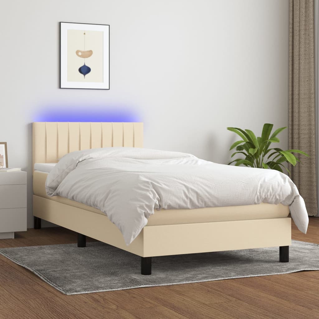 vidaXL Posteľ boxsping s matracom a LED krémová 100x200 cm látka