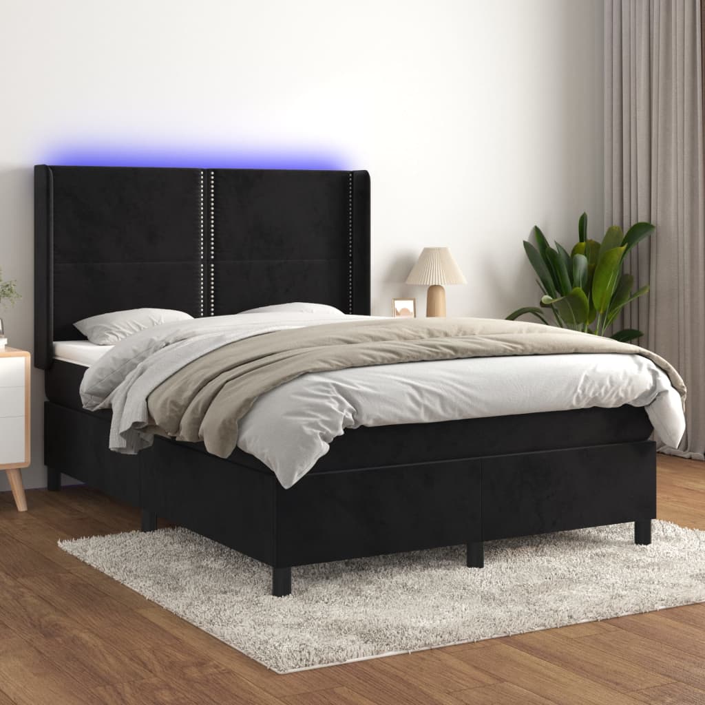vidaXL Posteľ boxsping s matracom a LED čierna 140x200 cm zamat