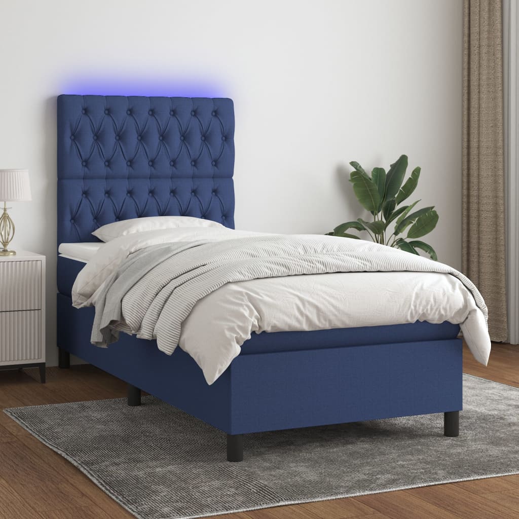 vidaXL Posteľ boxsping s matracom a LED modrá 90x200 cm látka