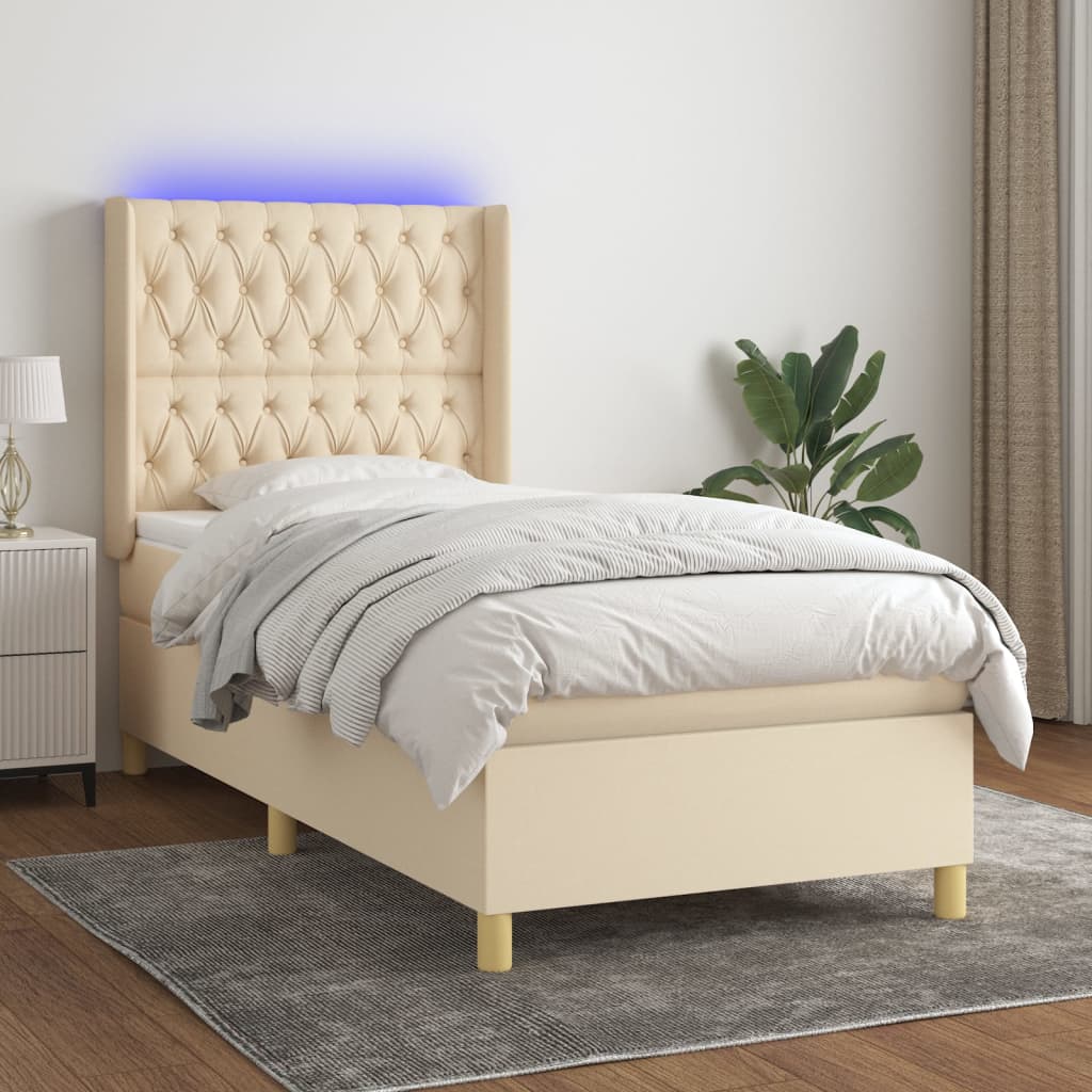 vidaXL Posteľ boxsping s matracom a LED krémová 100x200 cm látka