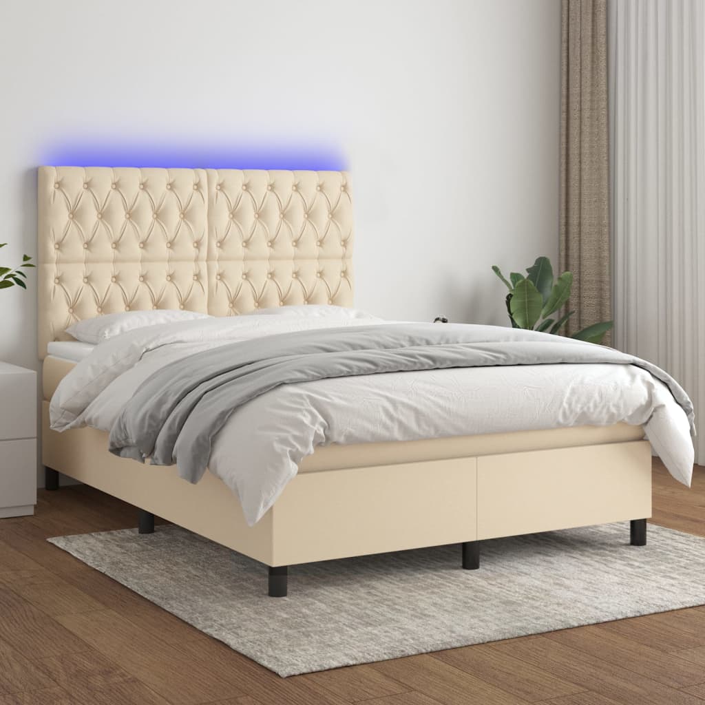 vidaXL Posteľ boxsping s matracom a LED krémová 140x200 cm látka
